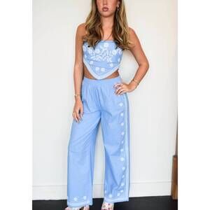 NEW MABLE linen mix embroidered scarf top and pants set in periwinkle